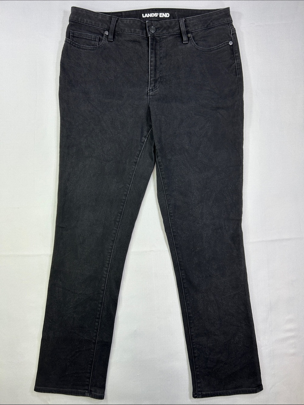 Lands’ End Womens Black Straight Leg Jeans Size 14 Long Stretch Denim
